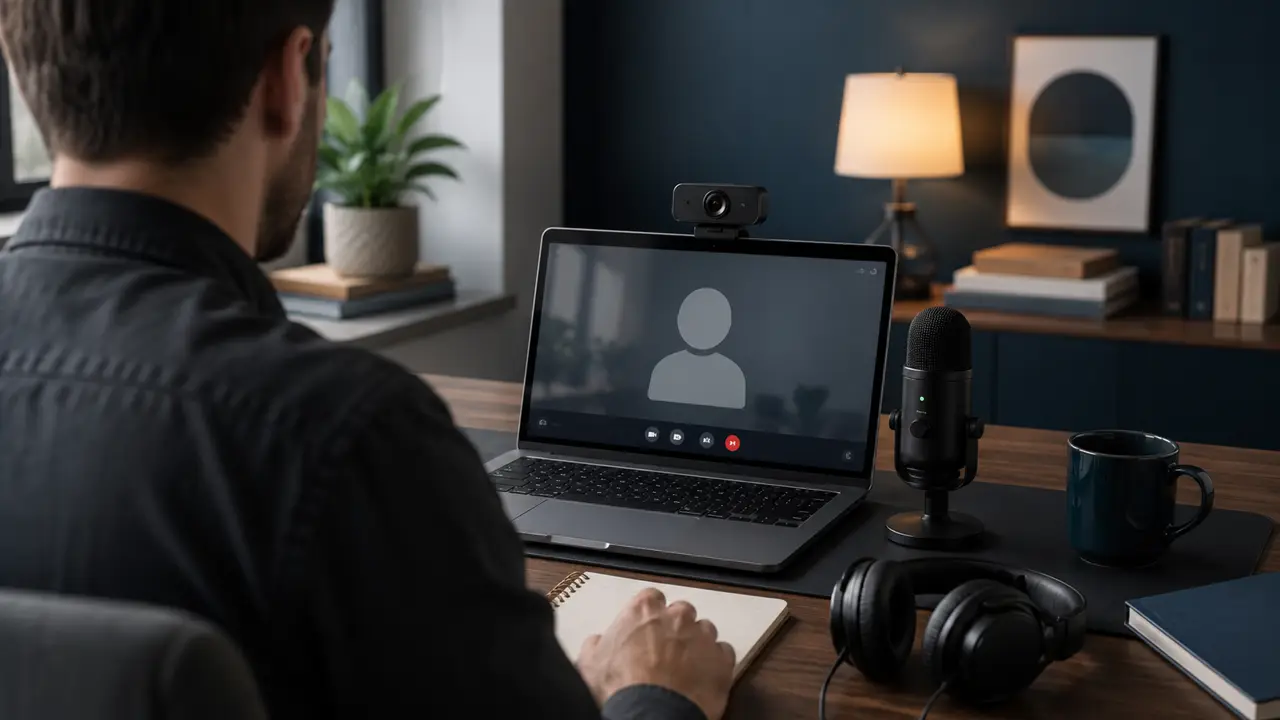 Person preparing for a video call setup.